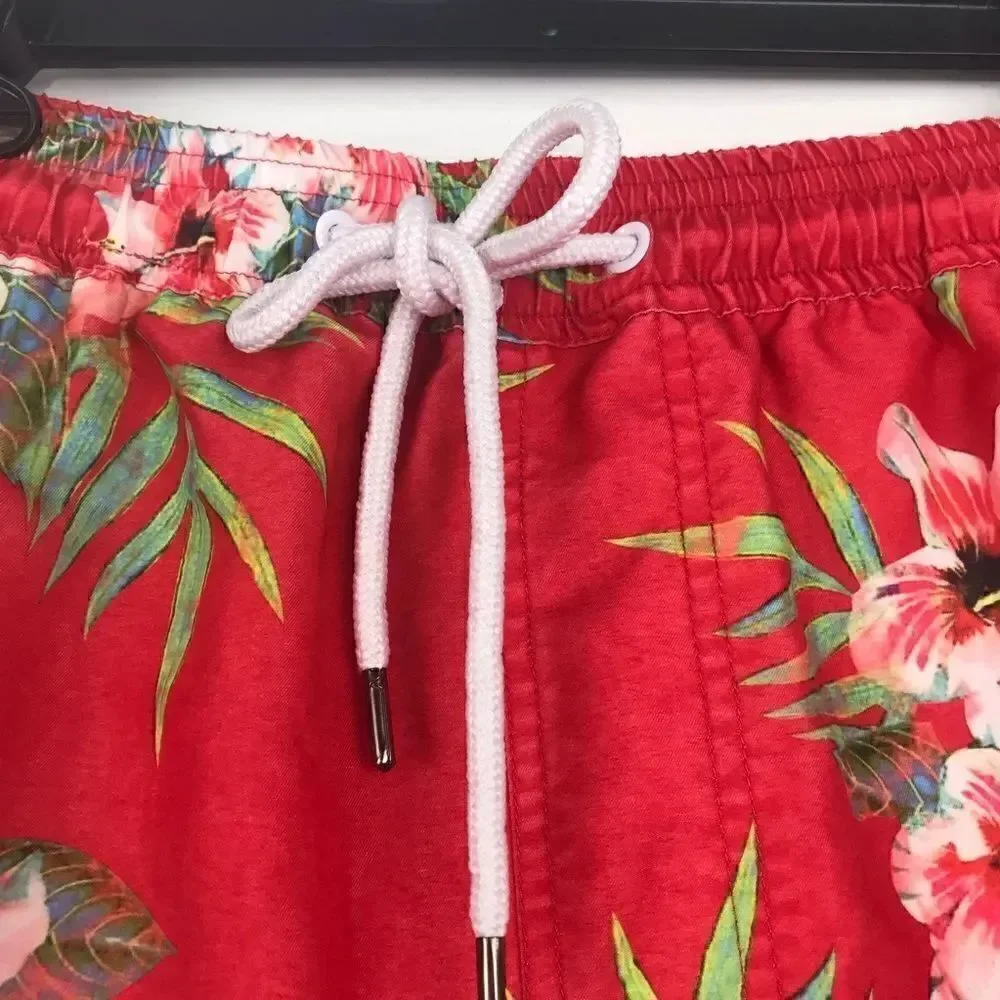 21 Men Red Hibiscus Floral Tropical Swim Trunks